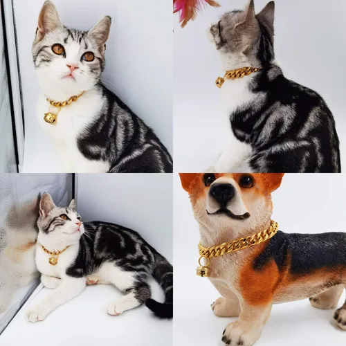 Vista 5 de Gargantilla ancha de acero inoxidable para gatos y perros, de oro de 18 quilates, ajustable, a prueba de mordidas, eslabones cubanos de 1/2 pulgada