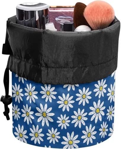 Vista 2 de Poceacles Bolsas de maquillaje con cordón para mujer, bolsa de cosméticos de viaje, multifuncional, bolsa de almacenamiento, Margarita azul