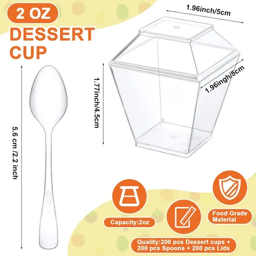 Vista 2 de 600 piezas de mini tazas de parfait de postre con tapas y cucharas, taza cuadrada transparente para aperitivos, cuenco de postre de plástico