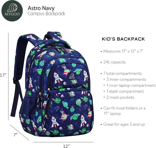 Vista 3 de Mochila infantil para niños niños o niñas Mochila de escuela primaria para adolescentes Colección Campus 17 pulgadas de alto , Astro Navy