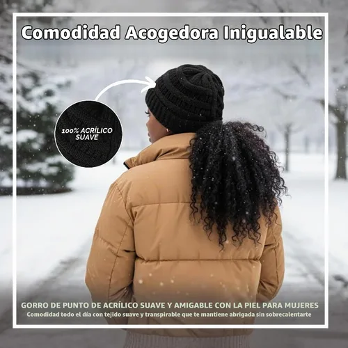 Vista 3 de Funky Junque - Gorro de coleta para mujer – Gorro de invierno con cola de caballo cruzada para mujer, cálidos y lindos gorros de punto con cola