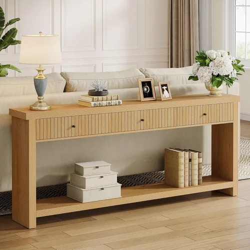 Vista 10 de Tribesigns Mesa consola de sofá de 70.9 pulgadas con 3 cajones, mesa de entrada extra larga con estantes de almacenamiento abiertos, mesa de sofá