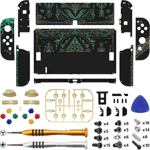 Vista 3 de eXtremeRate Juego completo de carcasa de bricolaje para Nintendo Switch OLED, placa trasera de consola y soporte, carcasa para controlador de mano
