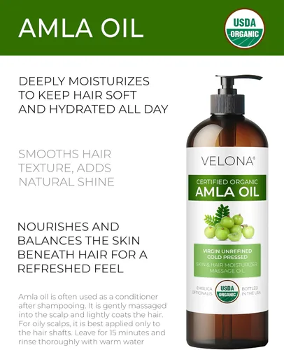 Vista 2 de velona Aceite de Amla USDA Certificado Orgánico - 8 Fl Oz 100% Puro y Natural Aceite Portador Extra Virgen, Sin Refinar, Prensado en Frío