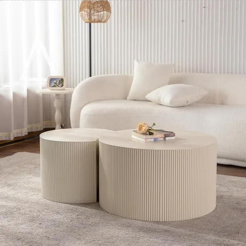 Vista 16 de Juego de 2 mesas de centro redondas negras de 55.12 pulgadas, mesa lateral moderna para sala de estar, diseño contemporáneo de círculo de madera