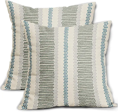 Vista 17 de Juego de 2 fundas de almohada negras y azules con rayas de puntos grises, decorativas para exteriores, estilo boho rústico, para sofá, cama, cojín