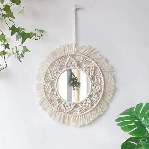 Vista 7 de Surakey Mini espejo redondo de pared con flecos bohemios macramé de 15.75 pulgadas, pequeño círculo de pared para colgar, espejo circular