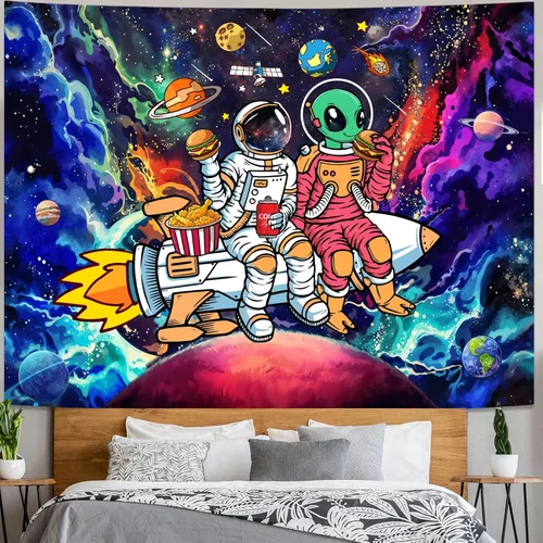 Vista 5 de Accnicc Divertido tapiz de astronauta espacial alienígena para dormitorio, estético, cohete, universo, galaxia, planetas, tapices para colgar