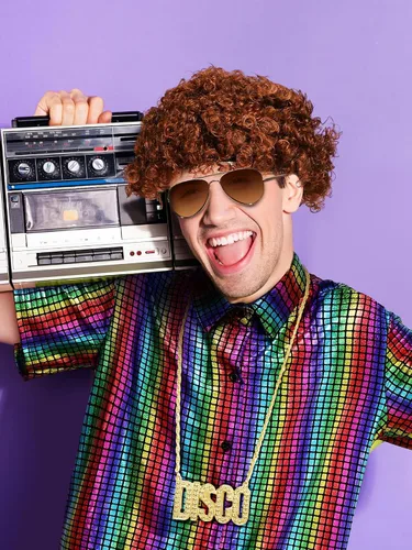 Vista 2 de Mepase 6 piezas de lentejuelas metálicas de los años 70 para hombre, disfraz de discoteca, accesorios, camisa brillante, pantalón, peluca afro
