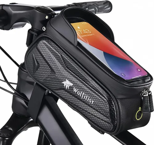 Vista 10 de WOLFILIST Bolsa de bicicleta - Bolsa impermeable para marco de bicicleta con cubierta de lluvia para visera solar, soporte para teléfono