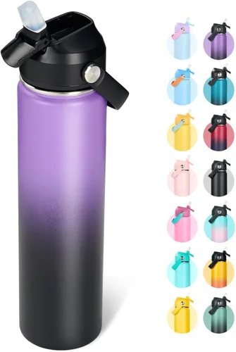 Vista 25 de Fijinhom Botella de agua aislada de acero inoxidable de 18 oz, de boca ancha, de doble pared, con vacío, con pajita de silicona, a prueba de sudor