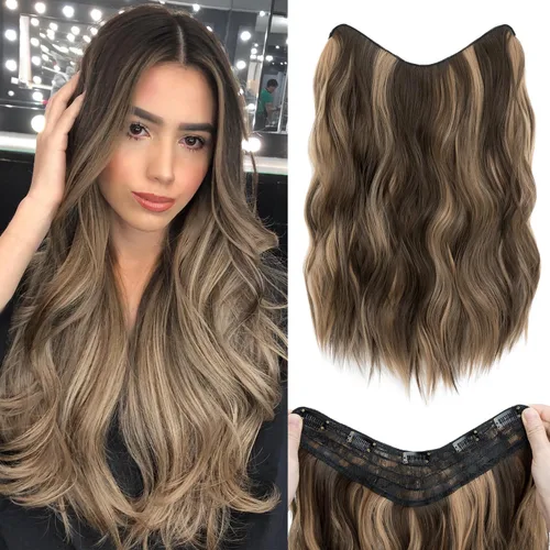 Vista 29 de S-noilite Extensiones de cabello de una pieza con clip, color rubio balayage de 18 pulgadas, en forma de U, extensiones de cabello de trama de una
