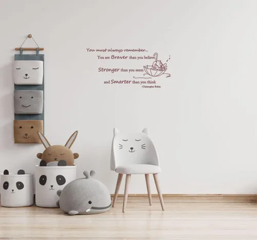 Vista 2 de Wall Decals Quote Winnie Pooh Braver Stronger Smarter Vinyl Sticker Baby Boy Girl Bedroom Nursery Home Decor L343 (56in x 26in, white)