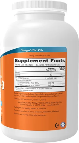 Vista 2 de NOW Foods Suplementos, Omega-3 180 EPA / 120 DHA, Destilado Molecularmente, Apoyo Cardiovascular*, 500 Softgels