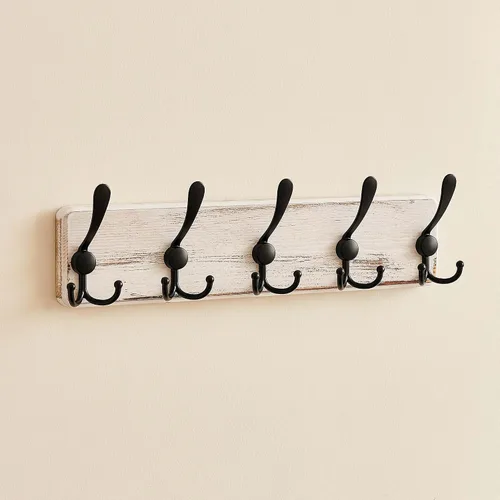 Vista 10 de Perchero de madera rústica con 5 ganchos, soporte de pared resistente para colgar chaquetas (marrón)