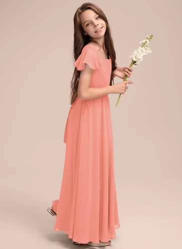 Vista 4 de Vestido de dama de honor junior de gasa cuadrado de una línea de vestido de niña de flores para boda
