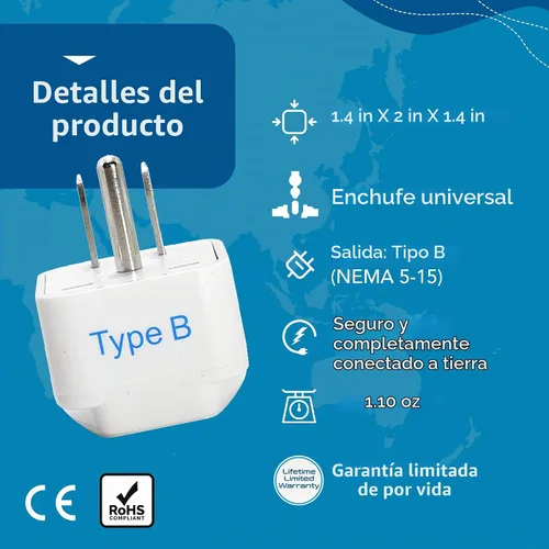Vista 2 de Ceptics Adaptador de enchufe de Europa a EE. UU., adaptador de enchufe tipo B de EE. UU. compatible con enchufes de Europa, India y otros países. El