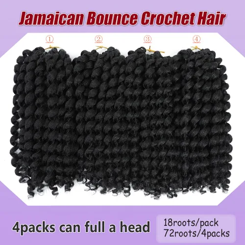 Vista 2 de Cabello Jamaicano de ganchillo para mujeres negras, 4 paquetes de 72 raíces, color negro natural, rizos de ganchillo corto preanudado