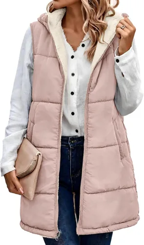 Vista 10 de ECOWISH Chaleco largo acolchado para mujer: chaqueta de forro polar reversible con cremallera para otoño 2025, abrigo de invierno cálido sin mangas