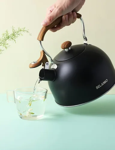 Vista 8 de Hervidor de Té, BELANKO 85 OZ / 2.5 Litros Hervidor de Té Silbante, Teteras para Estufa de Acero Inoxidable Grado Alimentario con Mango Plegable