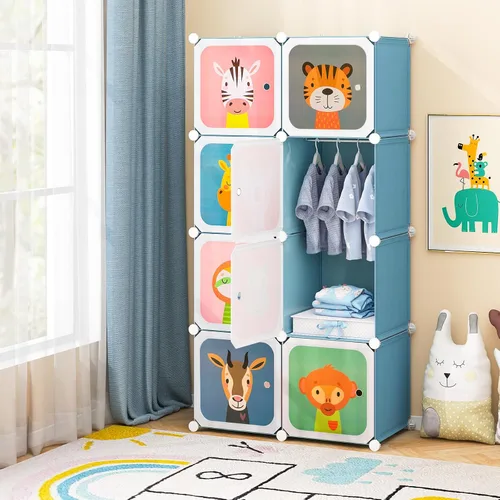 Vista 9 de HONEY JOY Armario para niños, organizador de almacenamiento de ropa de dibujos animados para bebés, 8 cubos y 2 secciones para colgar, armario Azul