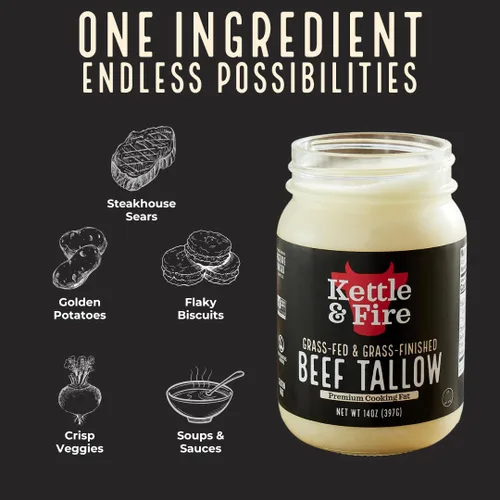 Vista 4 de Kettle & Fire Tallow de carne para cocinar Tarro de vidrio de 14 onzas Grasa de cocción premium 100% alimentado con pasto y acabado Apto