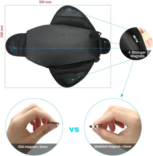 Vista 3 de Bolsa universal impermeable para tanque de motocicleta, cuenta con una ventanilla transparente y fuertes imanes para adherirse al tanque de su