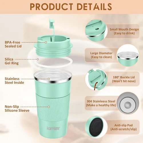 Vista 5 de KETIEE Taza de café de 12 oz: Taza de café con aislamiento al vacío y tapa a prueba de fugas, taza de viaje de acero inoxidable con doble pared