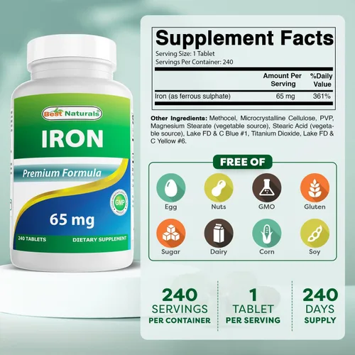 Vista 2 de Best Naturals Suplemento de hierro - 65 mg - 240 tabletas - Sin OMG y sin gluten