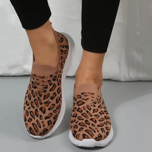 Vista 3 de Tenis de moda con estampado de leopardo para mujer, parte superior de malla elástica, transpirables, cómodos y ligeros, mocasines y sin cordones