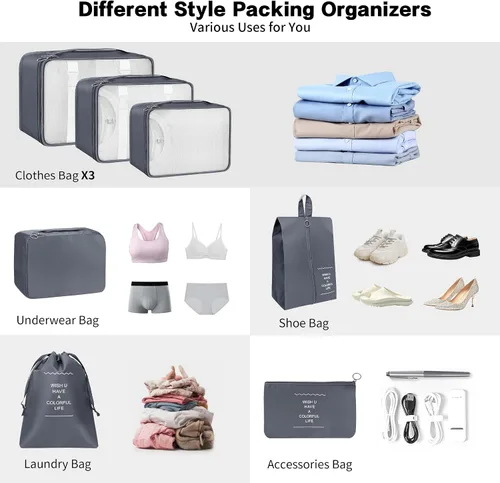 Vista 3 de Juego de 7 cubos de embalaje, esenciales de viaje para llevar de mano, organizadores de equipaje de viaje ligeros esenciales, ropa y zapatos, cubo