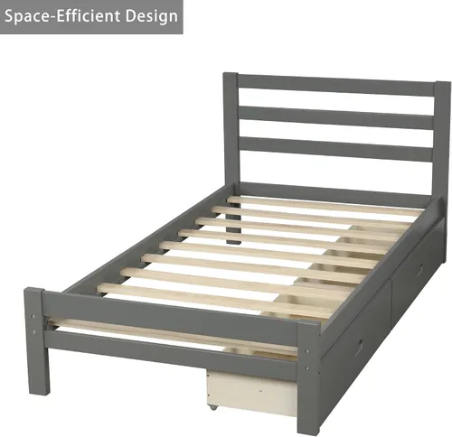 Vista 3 de Cama de plataforma de madera de tamaño individual con 2 cajones, marco de cama de plataforma moderna con cajón de almacenamiento, muebles