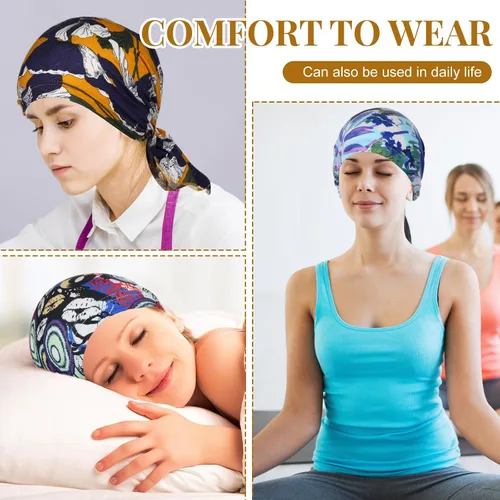 Vista 4 de Geyoga 6 unidades de bufanda para la cabeza para mujer, bufandas preatadas, gorros, gorros, con estampado elástico, para dormir, turbante, bufanda