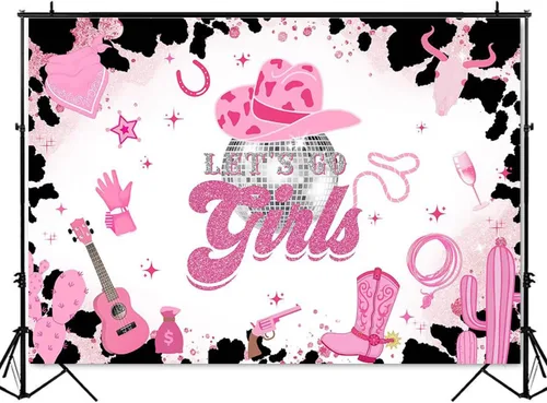 Vista 7 de Mocsicka Telón de fondo de disco de vaquera rosa con texto en inglés "Let's Go Girls", pancarta de cumpleaños para despedida de soltera, fin