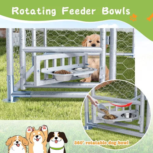 Vista 3 de Grepatio Perrera para perros al aire libre de 7.5 x 7.5 pies con techo, recinto exterior para perros con 2 comederos giratorios, cerca para perros