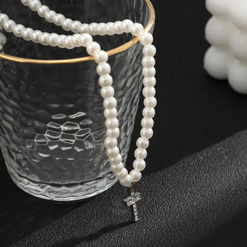 Vista 7 de Collar de perlas para hombre, collar de cadena cubana de varias capas, collar de perlas artificiales para mujeres y hombres, regalos