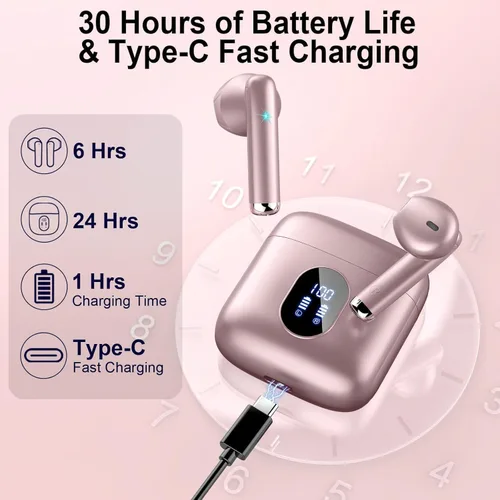 Vista 5 de Auriculares inalámbricos, auriculares Bluetooth V5.4 estéreo con graves con micrófonos ENC con cancelación de ruido, auriculares Bluetooth de 30