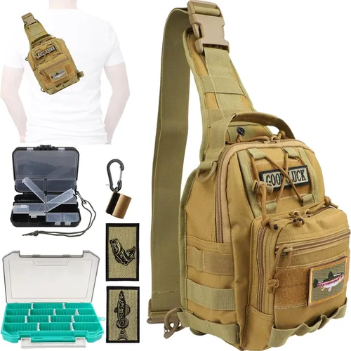 Vista 9 de Dovesun Mochila Pequeña de Pesca, Mochila Bandolera Impermeable para Pesca con Mosca con Cajas de Aparejos