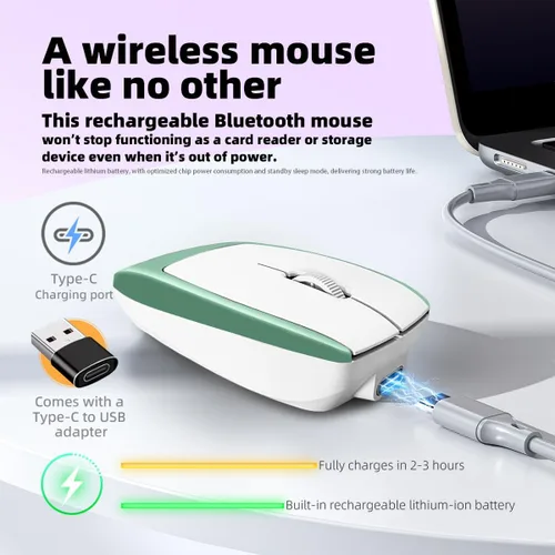 Vista 4 de FMOUSE Mini 2-en-1 Ratón Inalámbrico Bluetooth y Lector de Tarjetas TF - Tarjeta TF de 8 GB Incluida, Adaptador de Type-C a USB, Recargable, Ultra