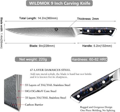 Vista 2 de WILDMOK Cuchillos para tallar de 9 pulgadas, cuchillo de sushi ultra afilado, para cuchillos de carne, cuchillos japoneses de acero de Damasco