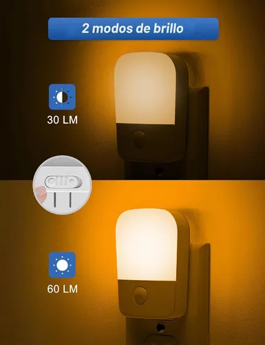 Vista 4 de Luces nocturnas ámbar enchufables a la pared, paquete de 2 luces LED de noche para dormitorio con sensor de atardecer a amanecer, brillo ajustable
