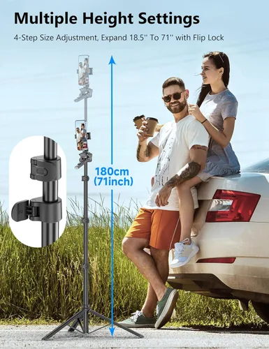 Vista 3 de Trípode de teléfono de 72 pulgadas y palo para selfie, soporte extensible para teléfono celular con control remoto desmontable y soporte
