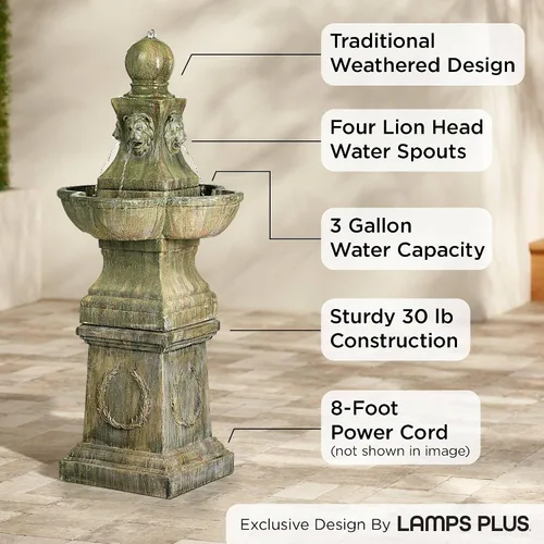 Vista 3 de Royal Lion - Fuente italiana grande de 54 pulgadas de alto para exteriores, fuente de suelo de piedra sintética, pedestal alto, función de agua
