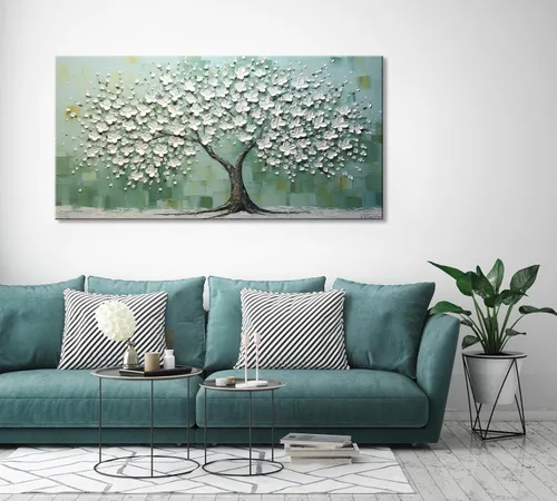 Vista 46 de LASMOND Arte de pared abstracto moderno de árbol para sala de estar, pintura en lienzo en blanco y negro, arte de pared grande de paisaje natural