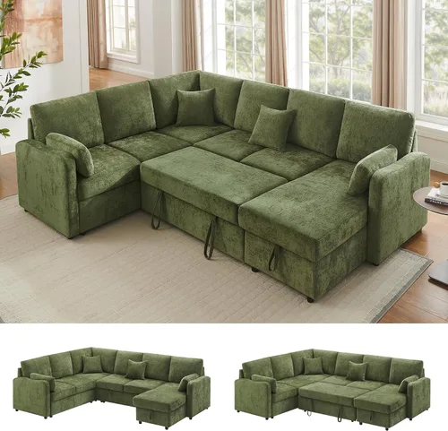 Vista 12 de Sofá Seccional Cama de 111 pulgadas con Cama Extraíble, Sofá Modular de 6 Asientos en Forma de U con Chaise de Almacenamiento, Sofá Seccional