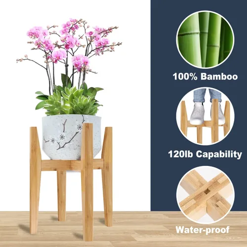Vista 2 de OERGKE Soporte ajustable para plantas de interior, soportes de bambú modernos de mediados de siglo, soporte de flores de esquina para sala de estar
