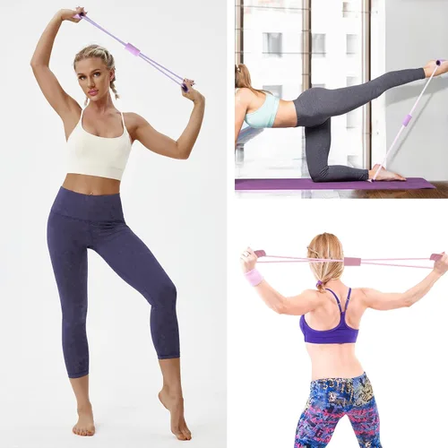 Vista 7 de Saludea - Paquete de 2 bandas de resistencia con asas para ejercicio de cuerpo completo, entrenamiento de fuerza en casa, gimnasio (rosa + morado)