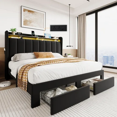 Vista 12 de SHA CERLIN Base de cama de plataforma de tamaño matrimonial con cabecera de canal vertical copetuda y 2 cajones de almacenamiento, estantes de 2