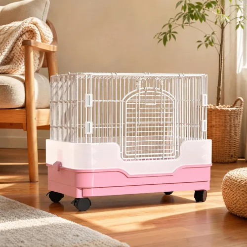 Vista 2 de Small Pet Enclosure Indoor Wire Pet Cage with Base Wipe-Clean, Pink, Double Layer