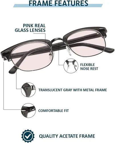Vista 2 de Lentes de lectura de cristal real rosa, marco estilo club (gris translúcido, 2.50)